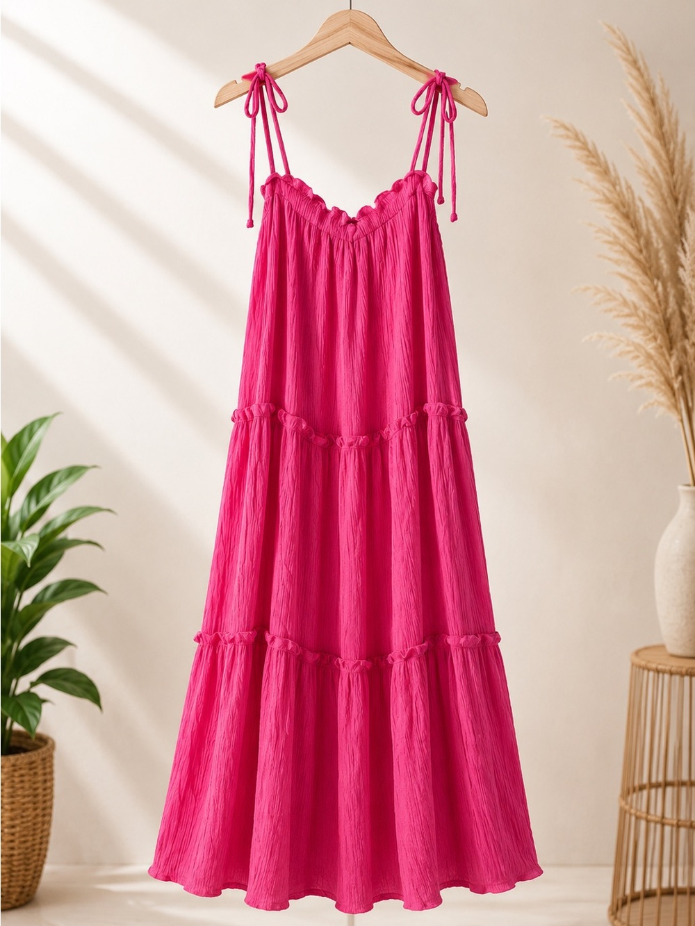 Impressions Hot Pink Tiered Maxi Dress with Tie Shoulder Straps